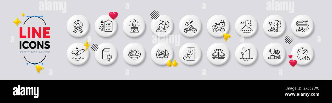 Icone Fisherman, Diet menu e Winner Ribbon Line. Per applicazioni Web, stampa. Icone 3d con pulsanti bianchi. Vettore Illustrazione Vettoriale