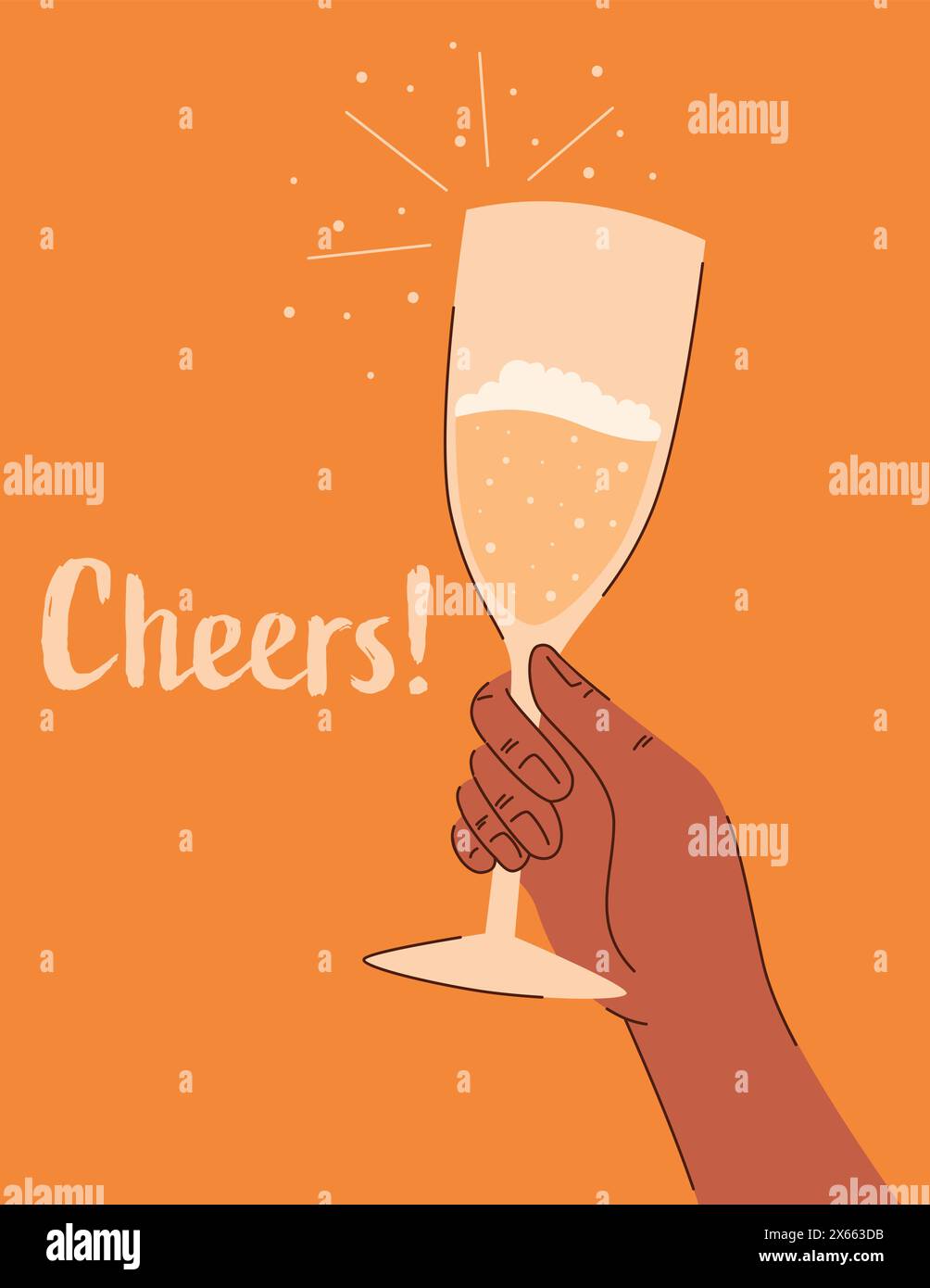 Un bicchiere di champagne in mano, accompagnato dalla parola "saluti" Illustrazione Vettoriale