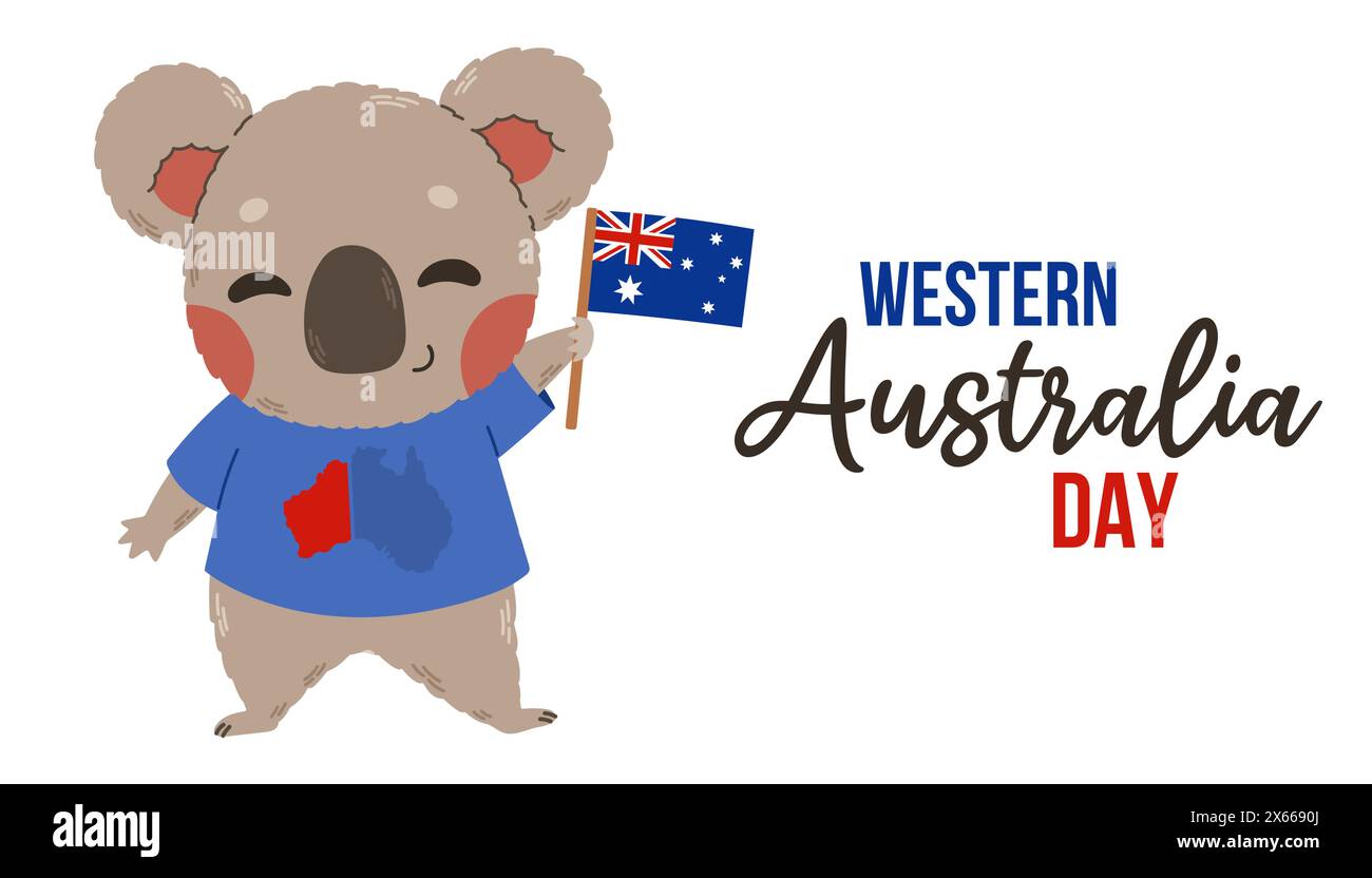 Banner del giorno dell'Australia occidentale. Koala con vettore di bandiera dell'Australia. Poster Western Australia, primo lunedì di giugno. Illustrazione Vettoriale