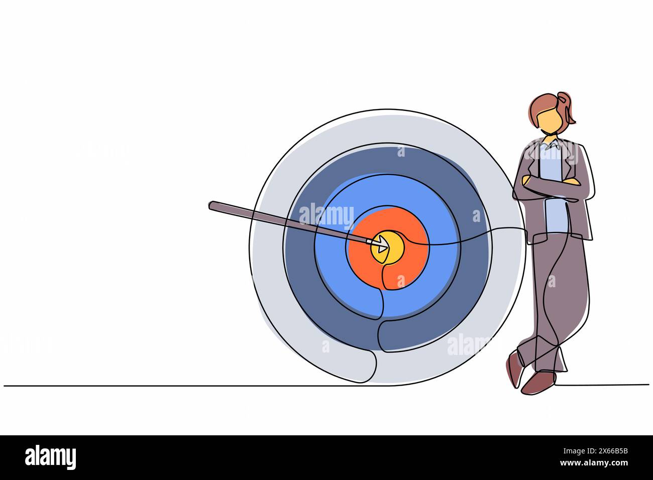 Una linea continua che attira una donna d'affari o un manager in piedi accanto al bersaglio. La freccia ha colpito esattamente il bersaglio. Strategia aziendale di successo, idea di marketing Illustrazione Vettoriale