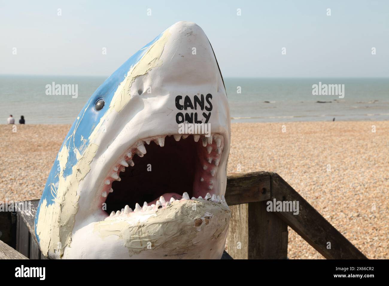 Bidone riciclabile a tema squalo presso il ristorante Goat Ledge Takeaway sulla passeggiata sulla spiaggia, St. Leonard on Sea, Hastings, East Sussex, Inghilterra, Regno Unito, 2024 Foto Stock Bidone riciclabile a tema squalo presso il ristorante Goat Ledge Takeaway sulla passeggiata sulla spiaggia, St. Leonard on Sea, Hastings, East Sussex, Inghilterra, Regno Unito, 2024 Foto Stock