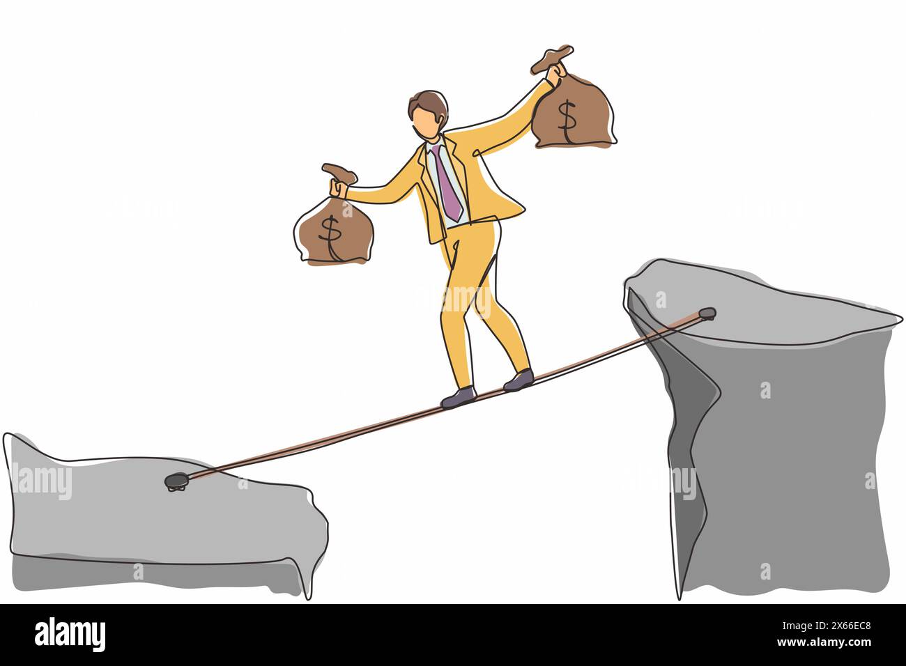 Un uomo d'affari che disegna una linea continua attraversa la montagna scogliera porta due sacchetti di denaro rischiando di essere pericoloso. Giovane equilibrio maschile su corda brid Illustrazione Vettoriale