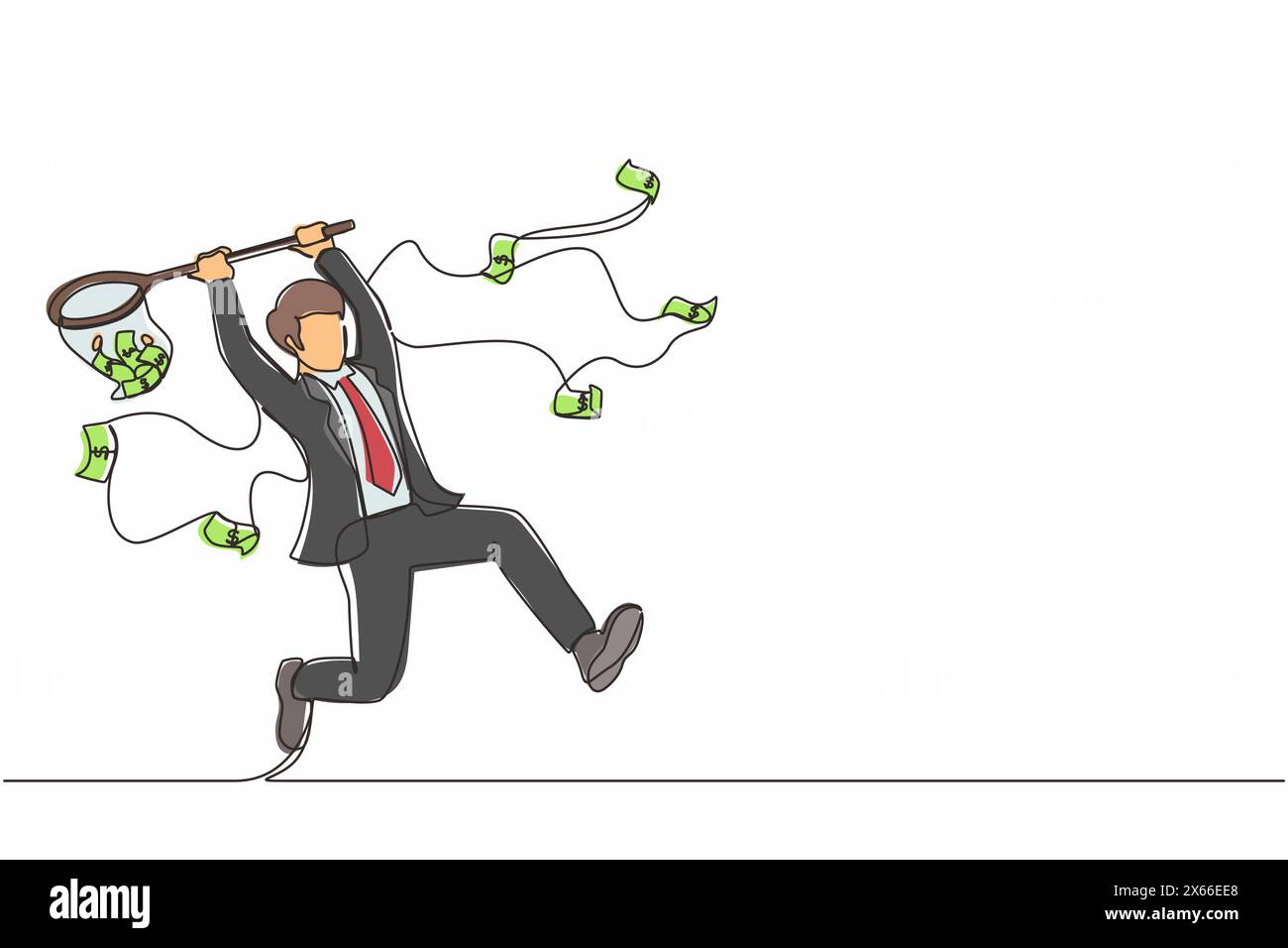 Un uomo d'affari con una linea continua che cerca di catturare soldi volanti con la rete a farfalla. Un imprenditore felice che utilizza le opportunità commerciali Illustrazione Vettoriale