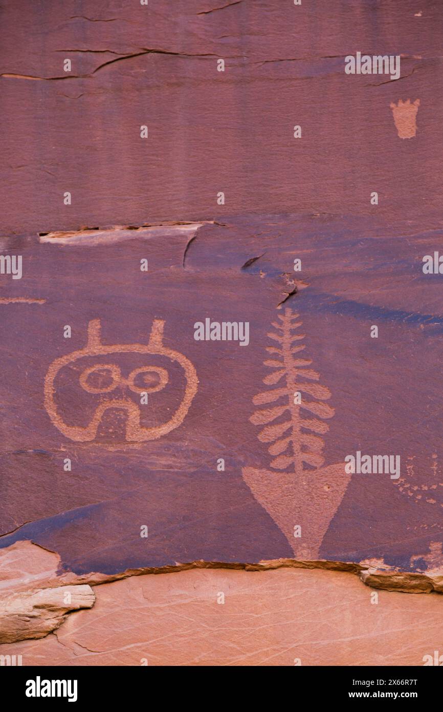 Wolfman Pannello Petroglyph, maggiordomo lavaggio, vicino a Bluff, Utah, Stati Uniti d'America Foto Stock