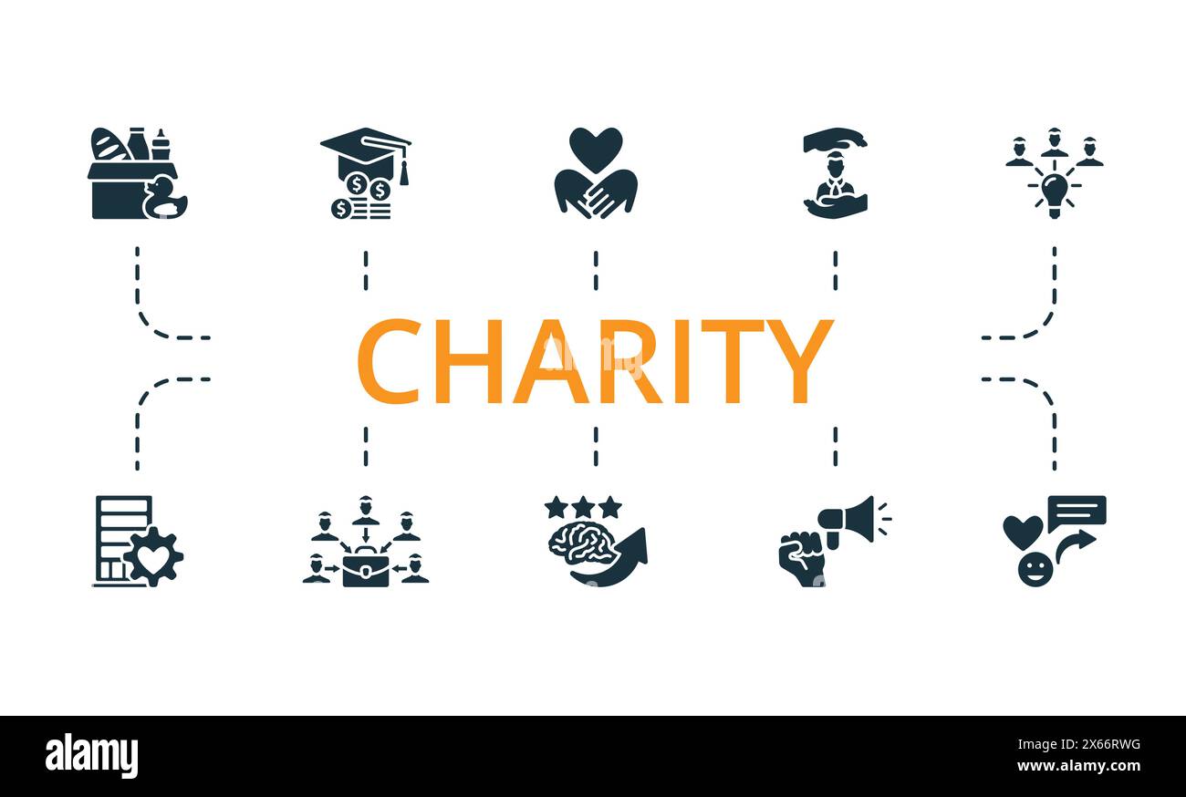 Set di beneficenza. Icone creative. Elementi modificabili. Illustrazione Vettoriale
