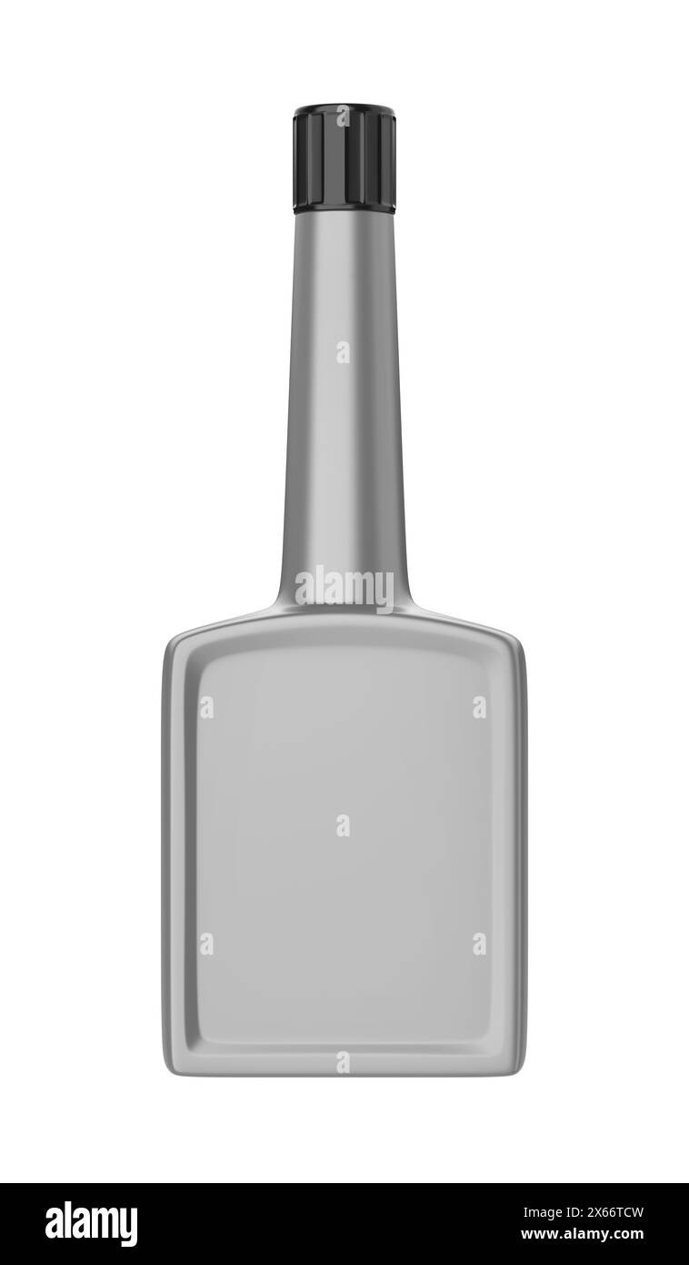 Flacone di plastica vuoto su sfondo bianco, utilizzabile per additivi per carburante per autoveicoli, olio motore o altri scopi. Foto Stock