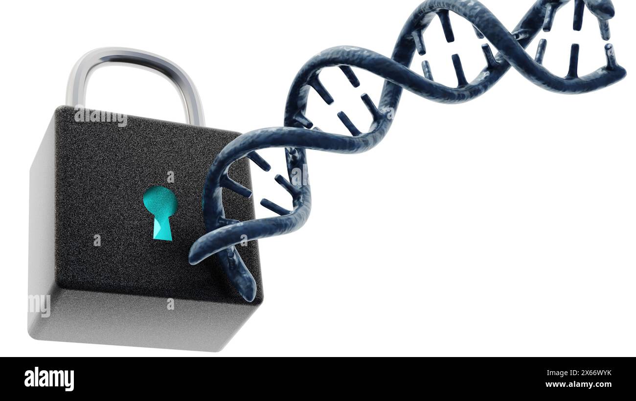 Rendering 3d dell'elica del DNA e del lucchetto. Proteggere la privacy e la sicurezza dei dati delle informazioni personali sul DNA Foto Stock
