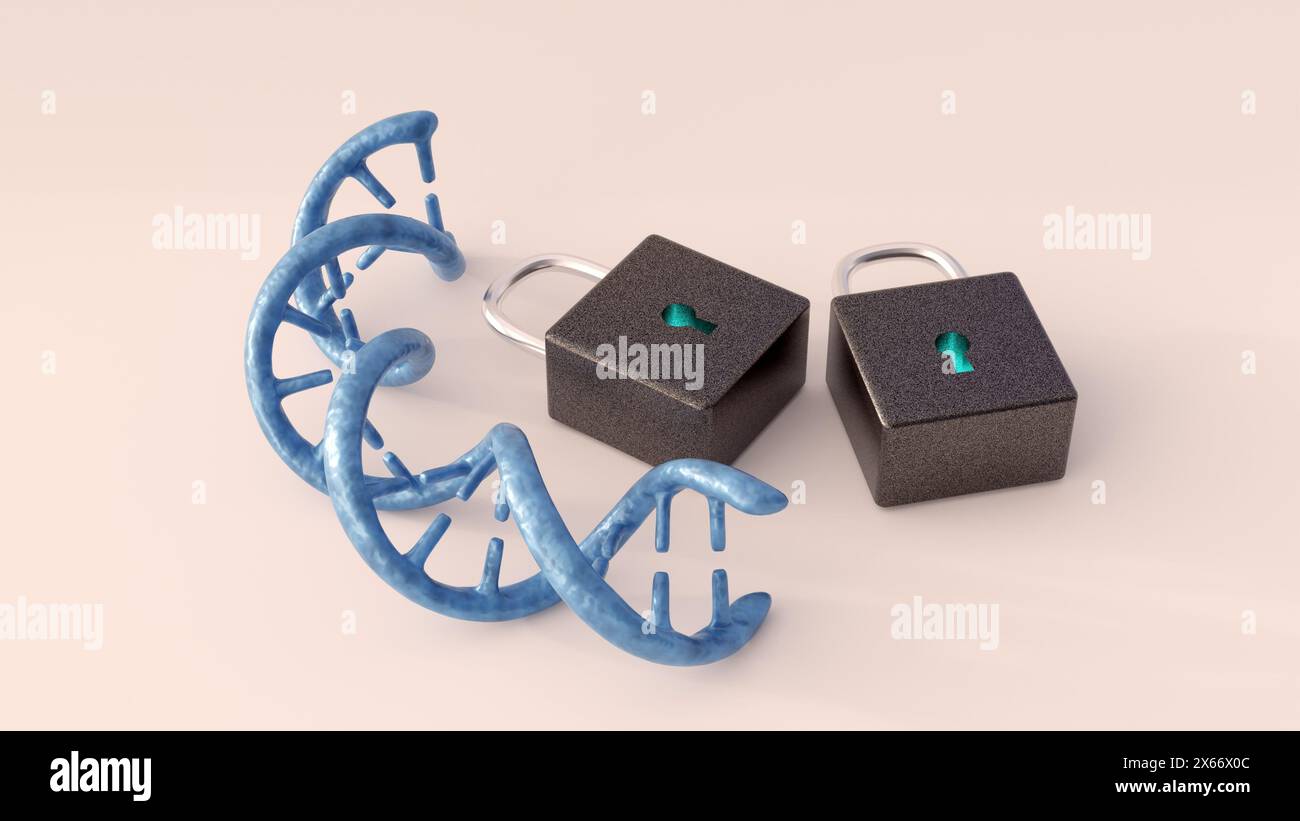 Rendering 3d dell'elica del DNA e del lucchetto. Proteggere la privacy e la sicurezza dei dati delle informazioni personali sul DNA Foto Stock
