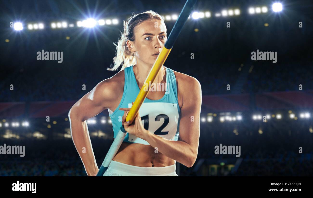 Salto con la pole Vault: Ritratto dell'atleta femminile professionista nel Campionato del mondo di corsa con Pole to Jump Over Bar. Shot of Competition al Big Stadium con esperienza di realizzazione sportiva Foto Stock