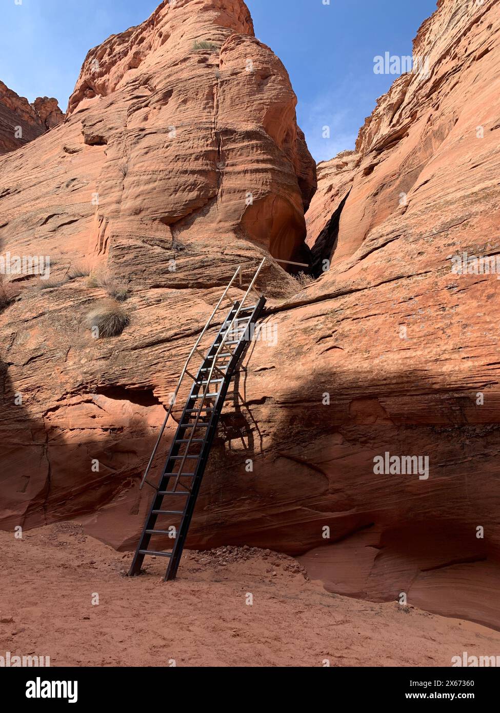 I Navajo hanno montato una scala sul lato di un canyon slot per consentire l'accesso alle incredibili camere di livello superiore dove i colori ondulati e le striature sono famosi Foto Stock