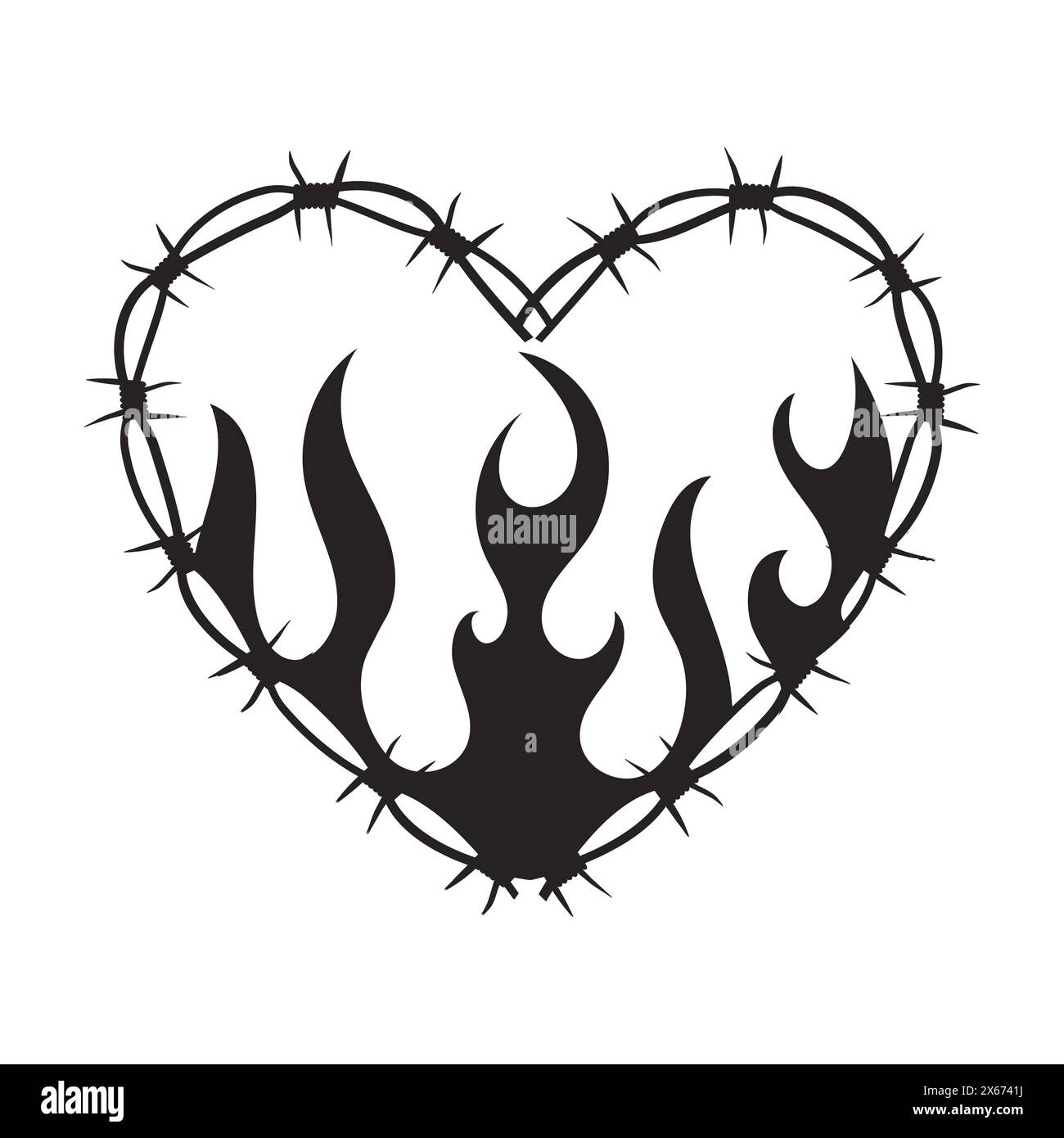 Cornice a forma di cuore Wire Barb bordo tatuaggio y2k con silhouette fiamma stampa gotica spiky punk neo tribale isolata su sfondo bianco. Barbwire emo forma del cuore perimetrale. Illustrazione vettoriale Illustrazione Vettoriale