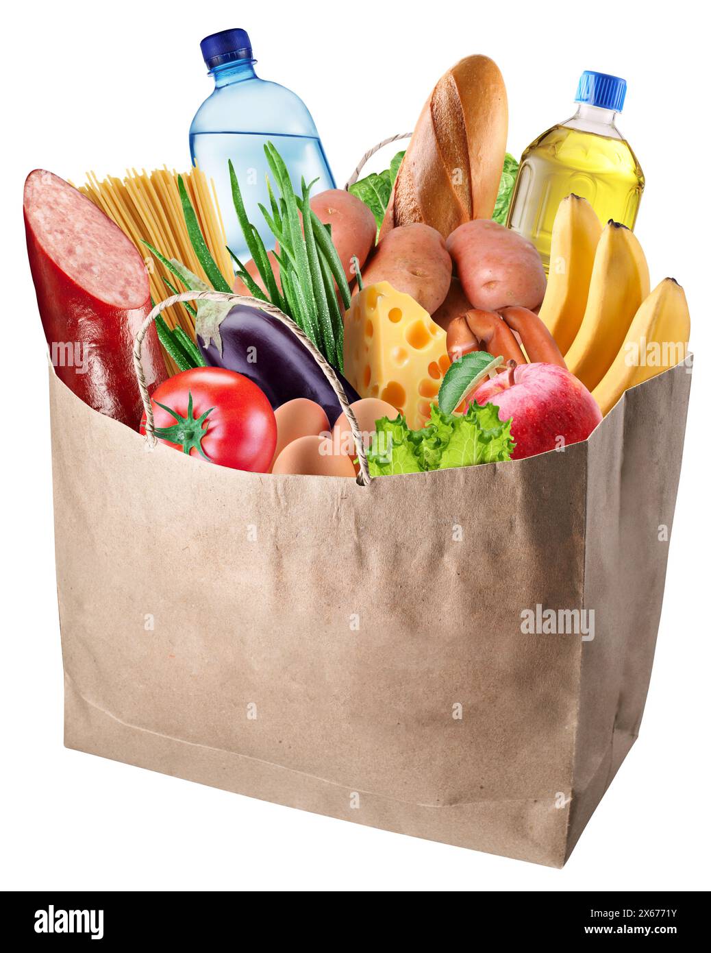 Sacchetto della spesa in carta pieno di verdura biologica fresca, frutta e altri prodotti alimentari su sfondo bianco. Il file contiene il percorso di ritaglio. Foto Stock