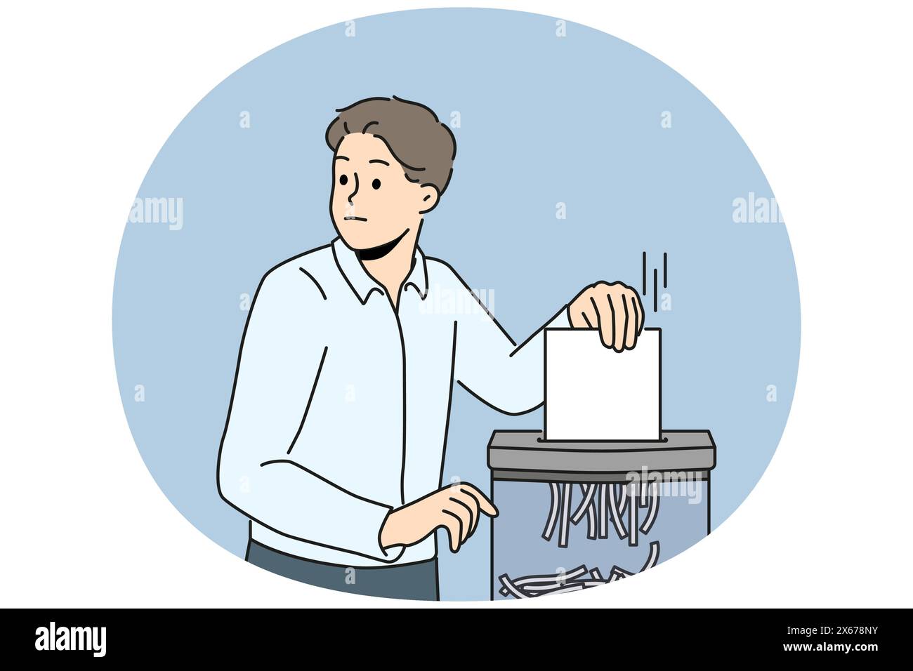 L'uomo d'affari ha messo la carta in trituratore in ufficio. Spaventato dipendente maschile che distrugge documenti sul luogo di lavoro. Illustrazione vettoriale. Illustrazione Vettoriale