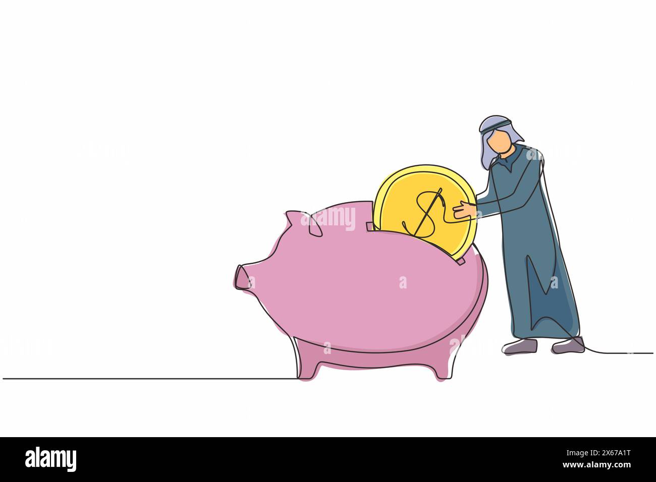 Una sola linea che disegna un uomo d'affari arabo che mette moneta da un dollaro nel salvadanaio. Risparmi monetari, investimenti personali, finanziamenti, depositi bancari, c Illustrazione Vettoriale