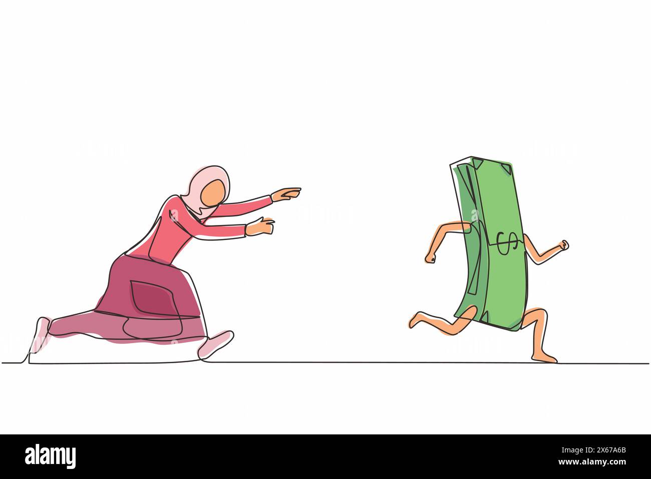Una linea continua che attira una donna d'affari araba o un manager che corre e insegue i soldi scappati. Concetto di ossessione per i soldi, impaziente, avida. S Illustrazione Vettoriale