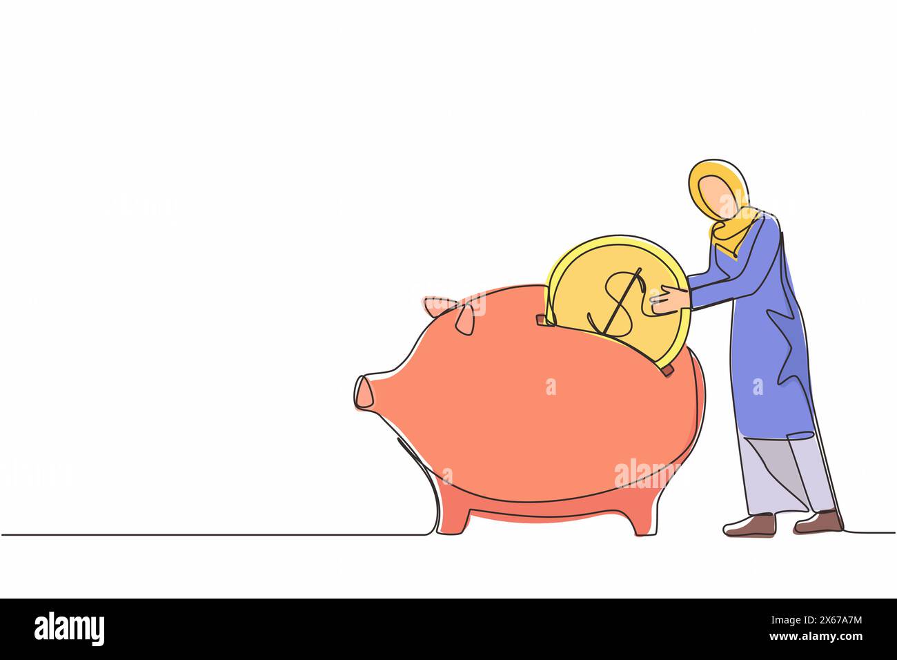 Una linea continua che attira una donna d'affari araba che mette moneta da un dollaro nel salvadanaio. Risparmi di denaro, investimenti personali, finanziamenti, depositi bancari Illustrazione Vettoriale