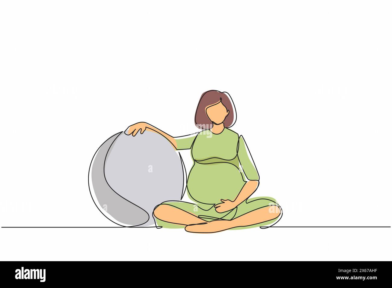 Linea singola continua che disegna una bella donna incinta che si esercita a casa con palla pilates. Ragazza incinta in tuta sportiva con fitball. Pregno sano Illustrazione Vettoriale