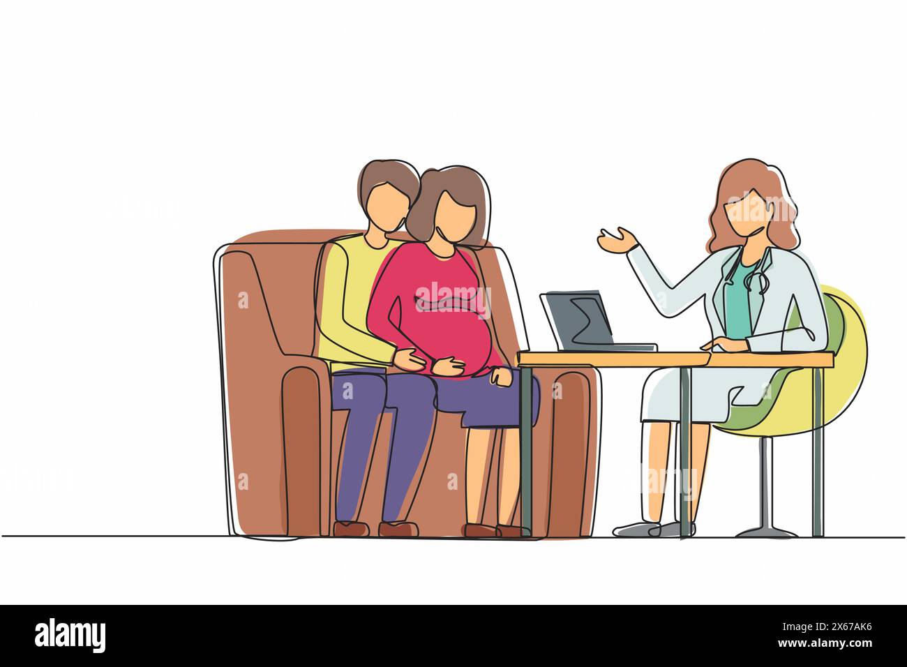Una linea continua che disegna donne incinte visita un medico. Felice coppia persone in visita medica in ospedale, parlare con il medico. Gravidanza lui Illustrazione Vettoriale