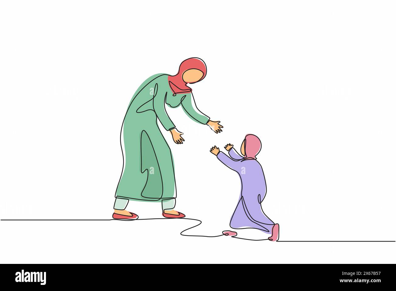 Linea singola continua che disegna mamma araba e bambina che corrono tra loro a braccia aperte. Madre, ragazza, ragazzo. Genitorialità, infanzia, genitorialità Illustrazione Vettoriale