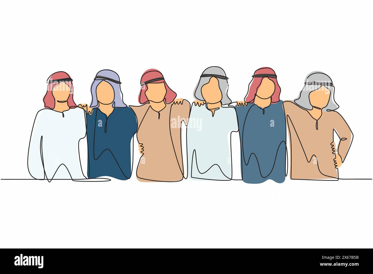 Un solo gruppo di uomini arabi che disegnano una linea si abbracciano. Uomini insieme. Felice giornata di amicizia con diversi amici di persone che si abbracciano insieme. Continu Illustrazione Vettoriale