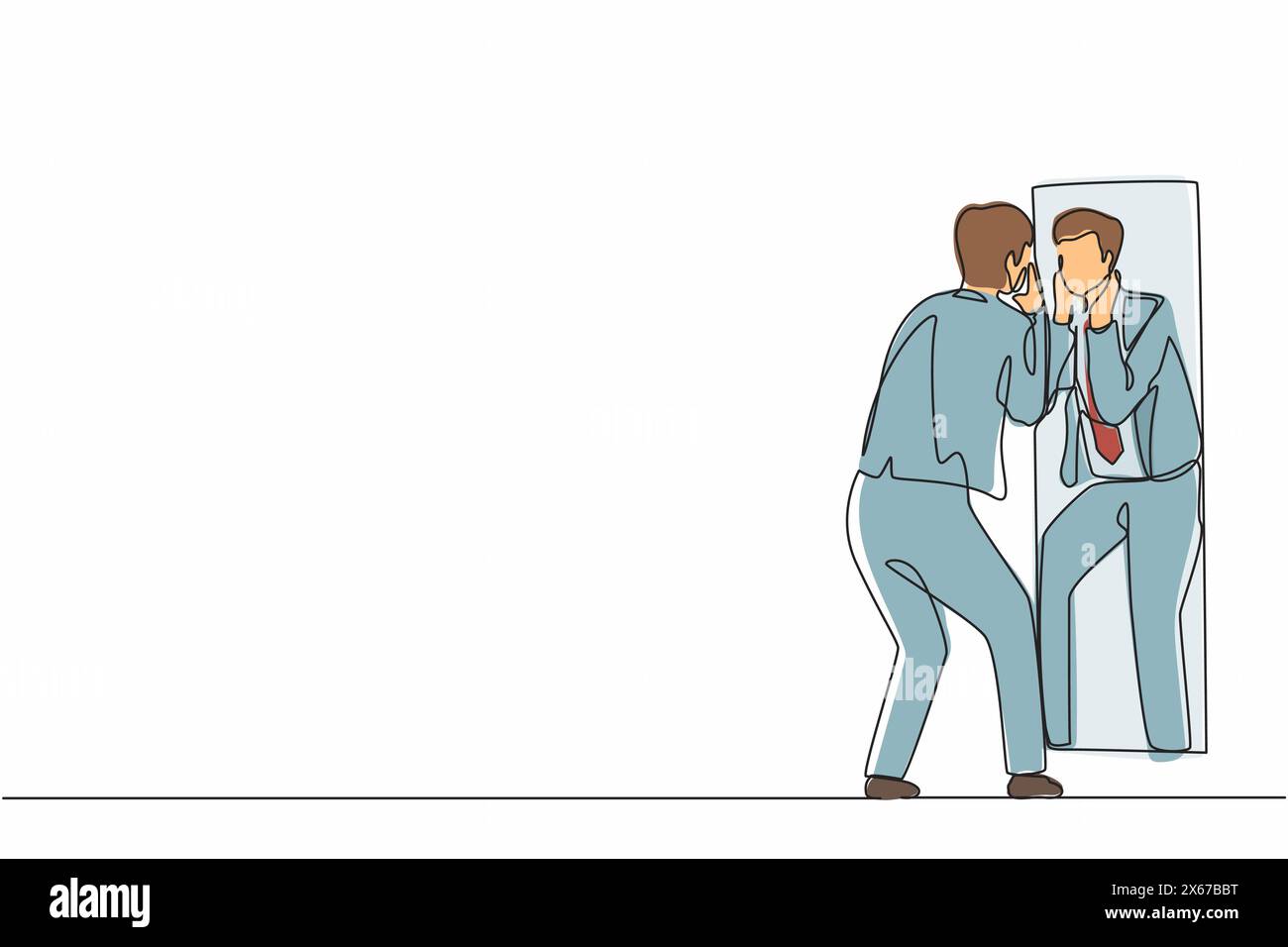 Un uomo d'affari che disegna una linea continua tenendo il viso sullo specchio riflettente. Uomo che applica lozione sulla barba corta dopo la rasatura o la rifinitura, guarda Illustrazione Vettoriale