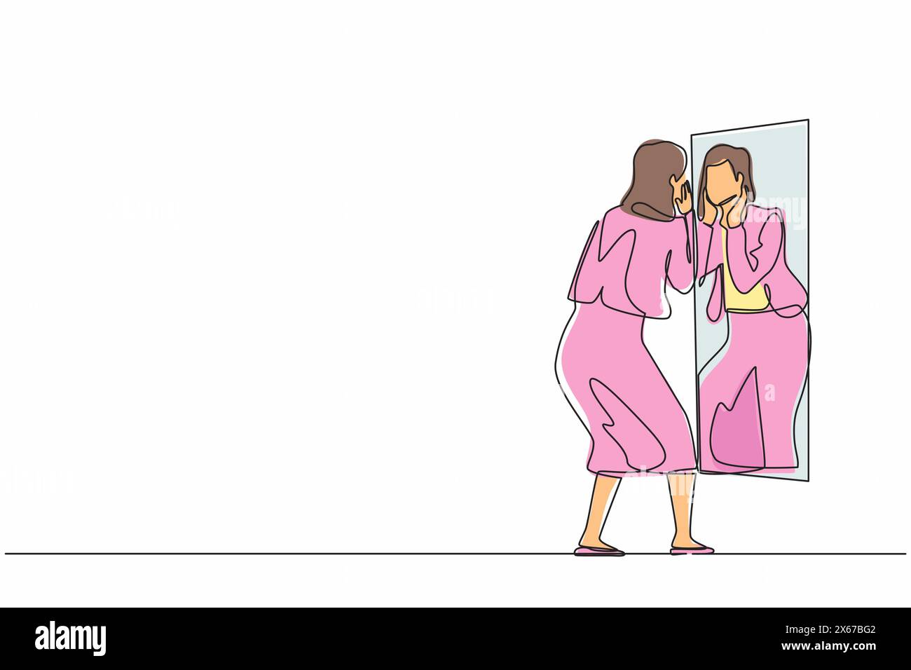 Una sola linea disegna una donna d'affari che tiene il viso sullo specchio riflettente. Donna che applica lozione sul viso dopo il bagno o si lava il viso, guardando Illustrazione Vettoriale