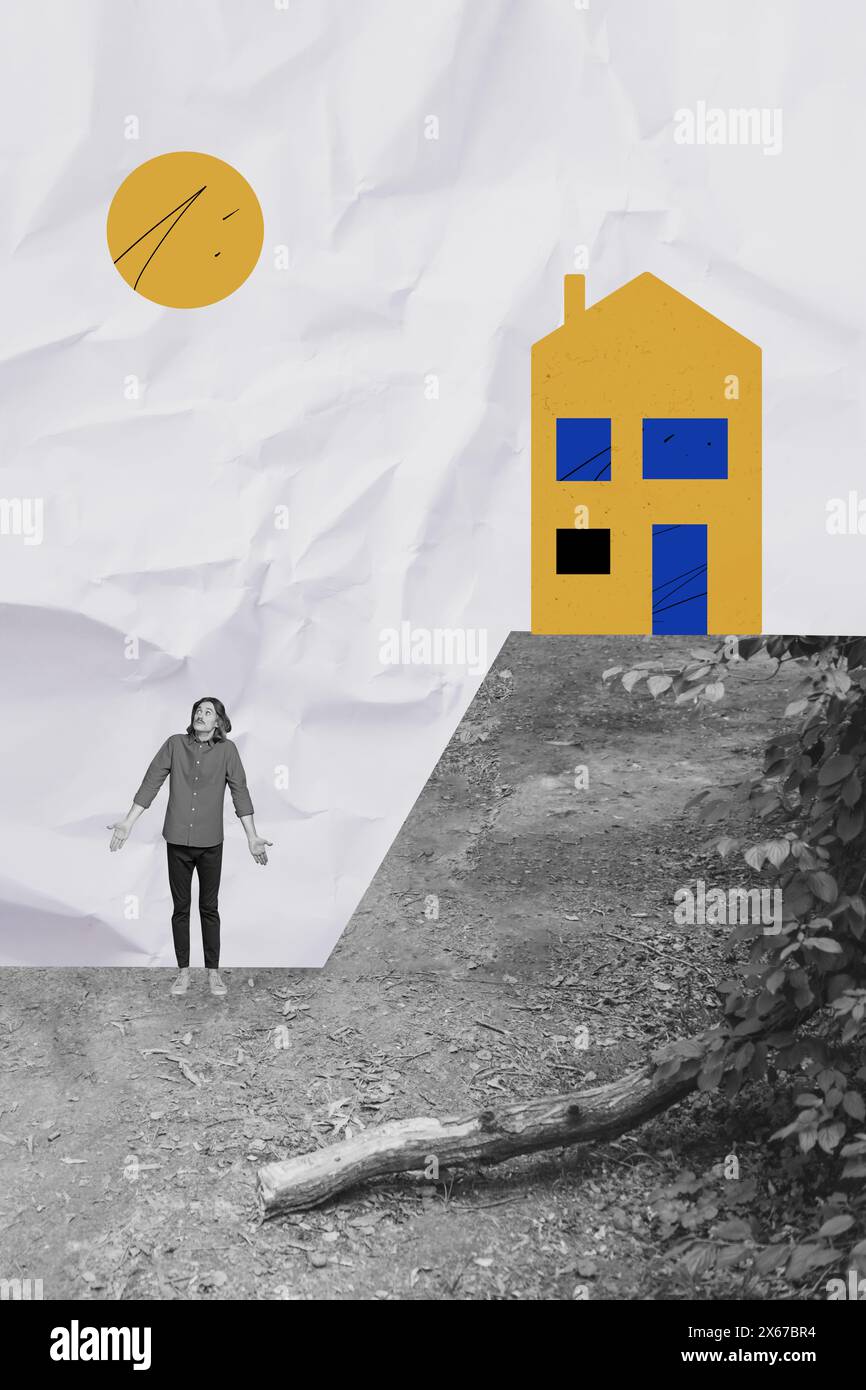 Immagine collage grafica composita verticale di un mini effetto bianco-nero sulle spalle del ragazzo isolato su sfondo creativo Foto Stock