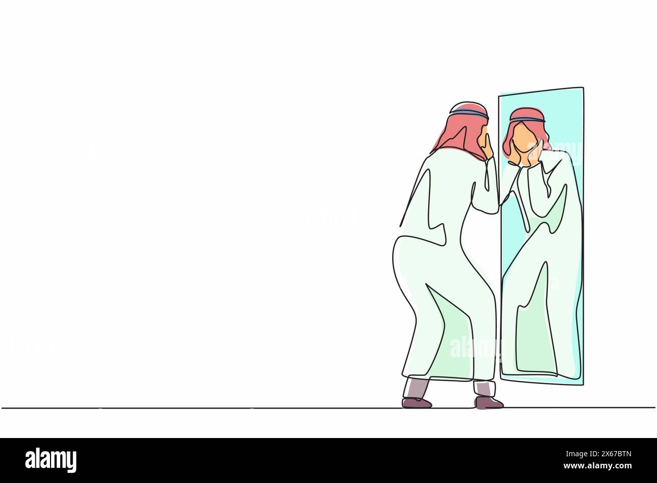 Linea singola continua che disegna un uomo d'affari arabo che tiene il volto sullo specchio riflettente. Uomo che applica lozione sulla barba corta dopo la rasatura o la rifinitura, Looki Illustrazione Vettoriale