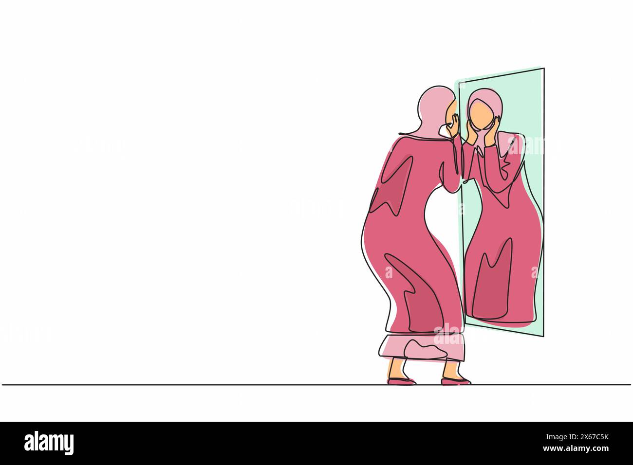 Linea singola continua che disegna una donna d'affari araba che tiene il volto sullo specchio riflettente. Donna che applica lozione sul viso dopo il bagno o lavare il suo fa Illustrazione Vettoriale