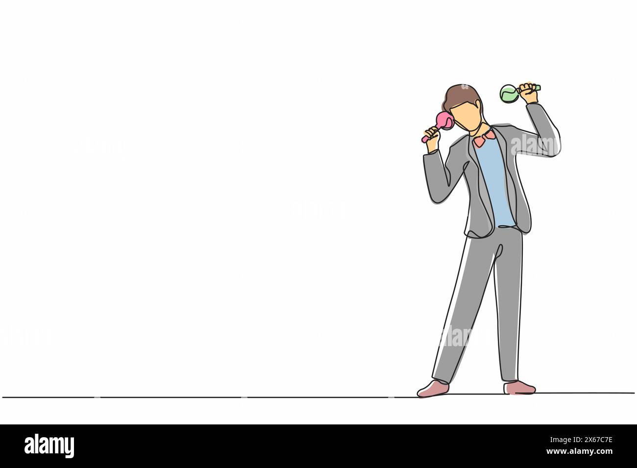 Un uomo di strada che disegna una linea continua, il giocatore mariachi suona maracas. Esecutore maschile con strumenti musicali maracas, suonatore di mariachi a Nationa Illustrazione Vettoriale
