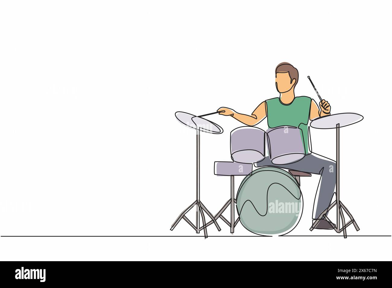 Singola linea che disegna un musicista maschile, jazz, rock and roll suonando strumenti di batteria e percussioni. Festival musicale, concerto pop, feste di nozze Illustrazione Vettoriale