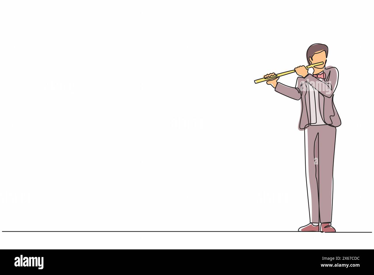Una linea continua che disegna un musicista maschio che suona flauto, in piedi in tuta. Flautista che esegue musica classica su strumenti a fiato. Esecuzione in solitaria di Illustrazione Vettoriale