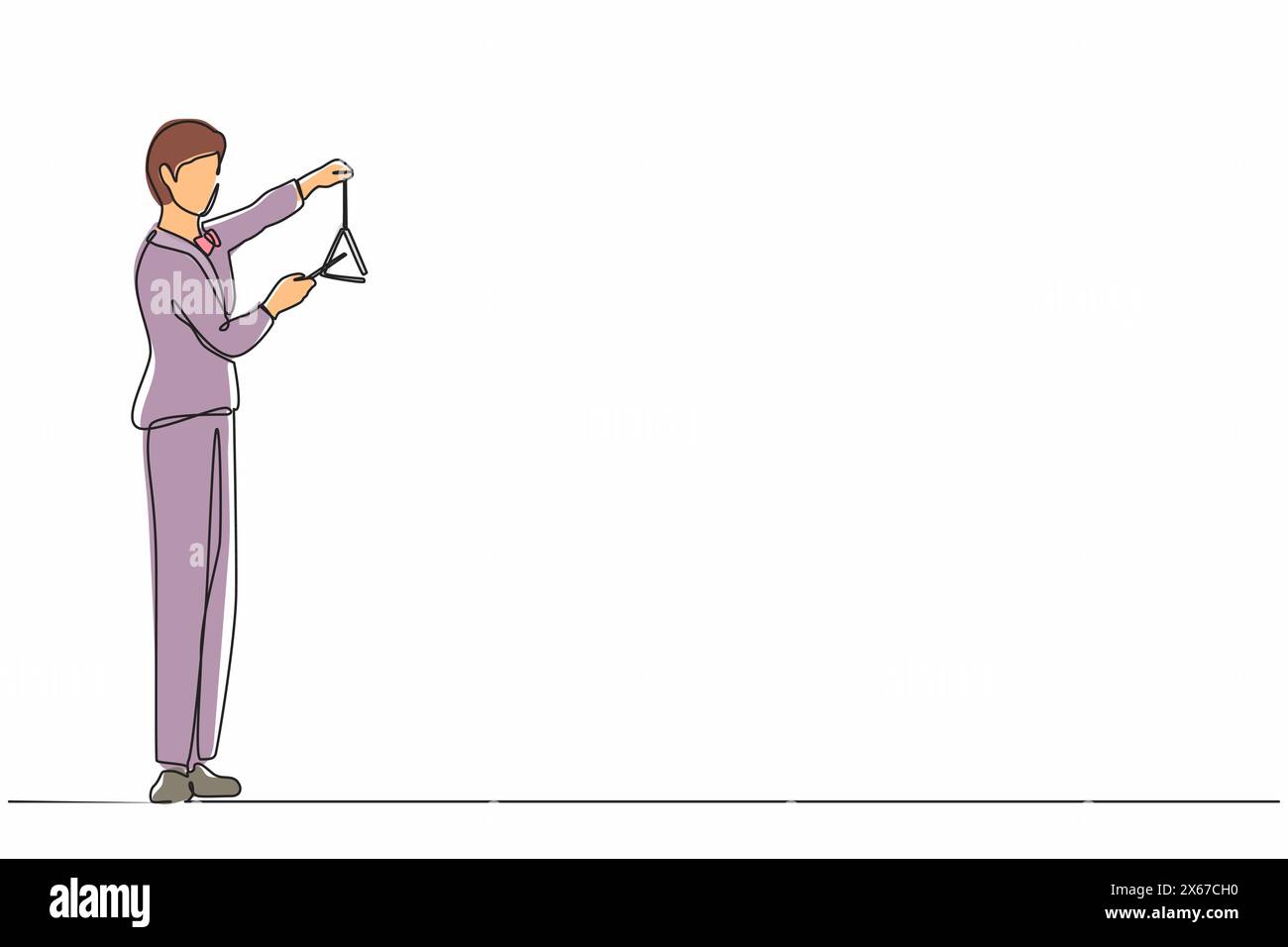 Una linea continua che disegna un musicista maschile che suona triangolo musicale. Orchestra di musica classica artista con strumento musicale. Musicista professionista Illustrazione Vettoriale