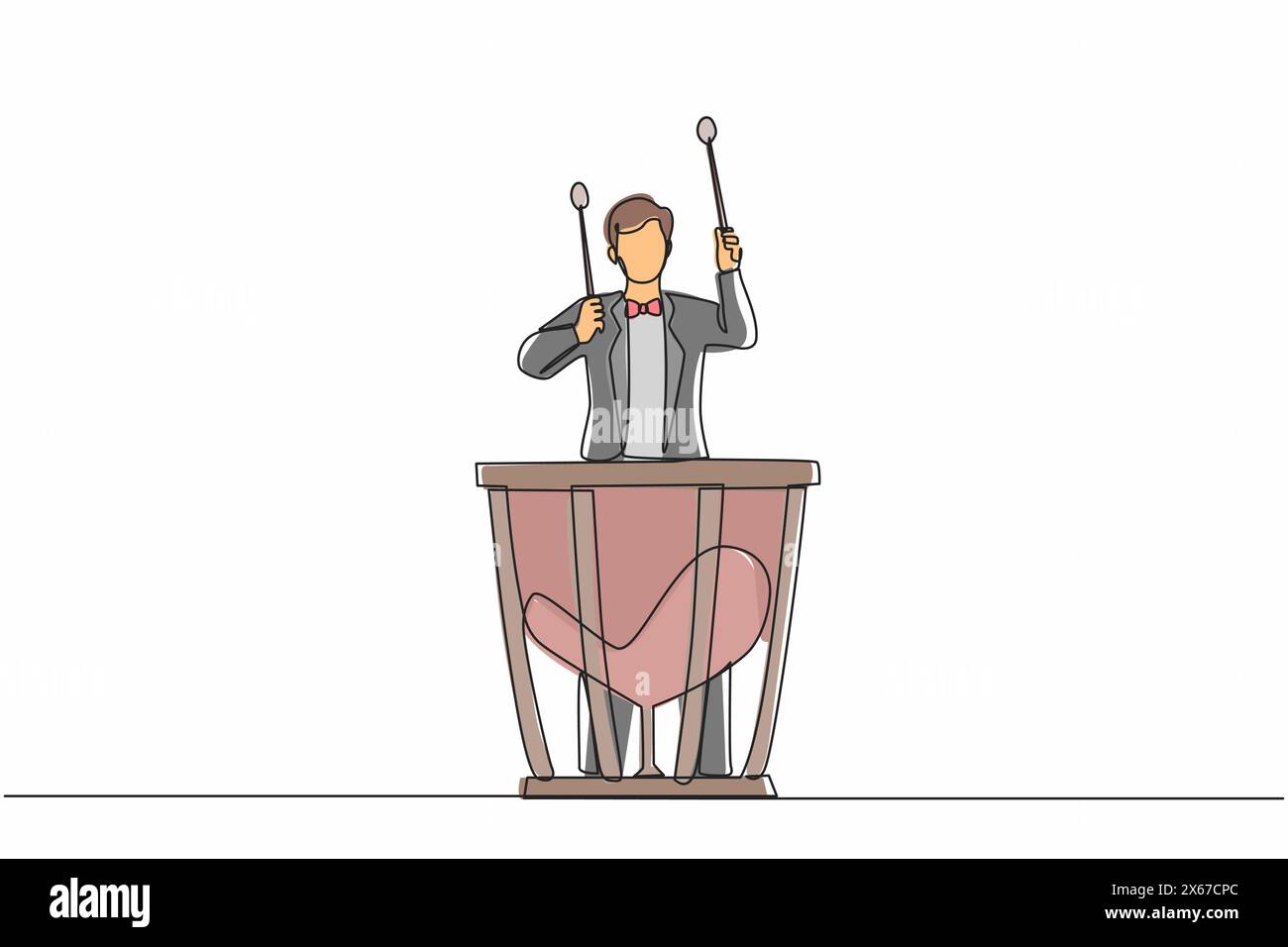Un solo tratto continuo disegnando percussioni maschili suona su timpani. Uomo esecutore che tiene il bastone e suona strumento musicale. Strumento musicale Illustrazione Vettoriale
