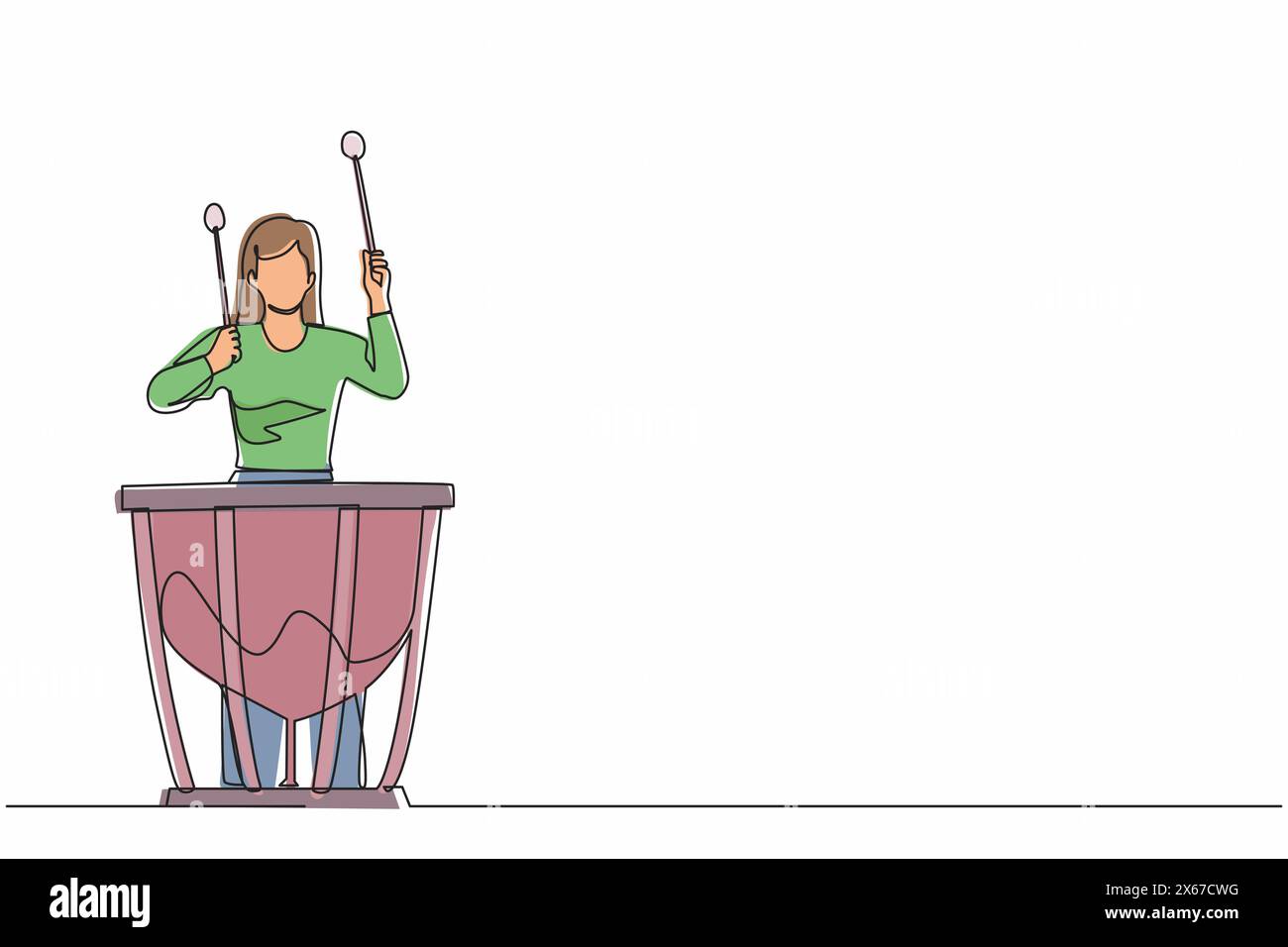 Una linea continua che disegna una percussionista femminile suona sui timpani. Artista donna che tiene il bastone e suona strumento musicale. Strumento musicale Illustrazione Vettoriale