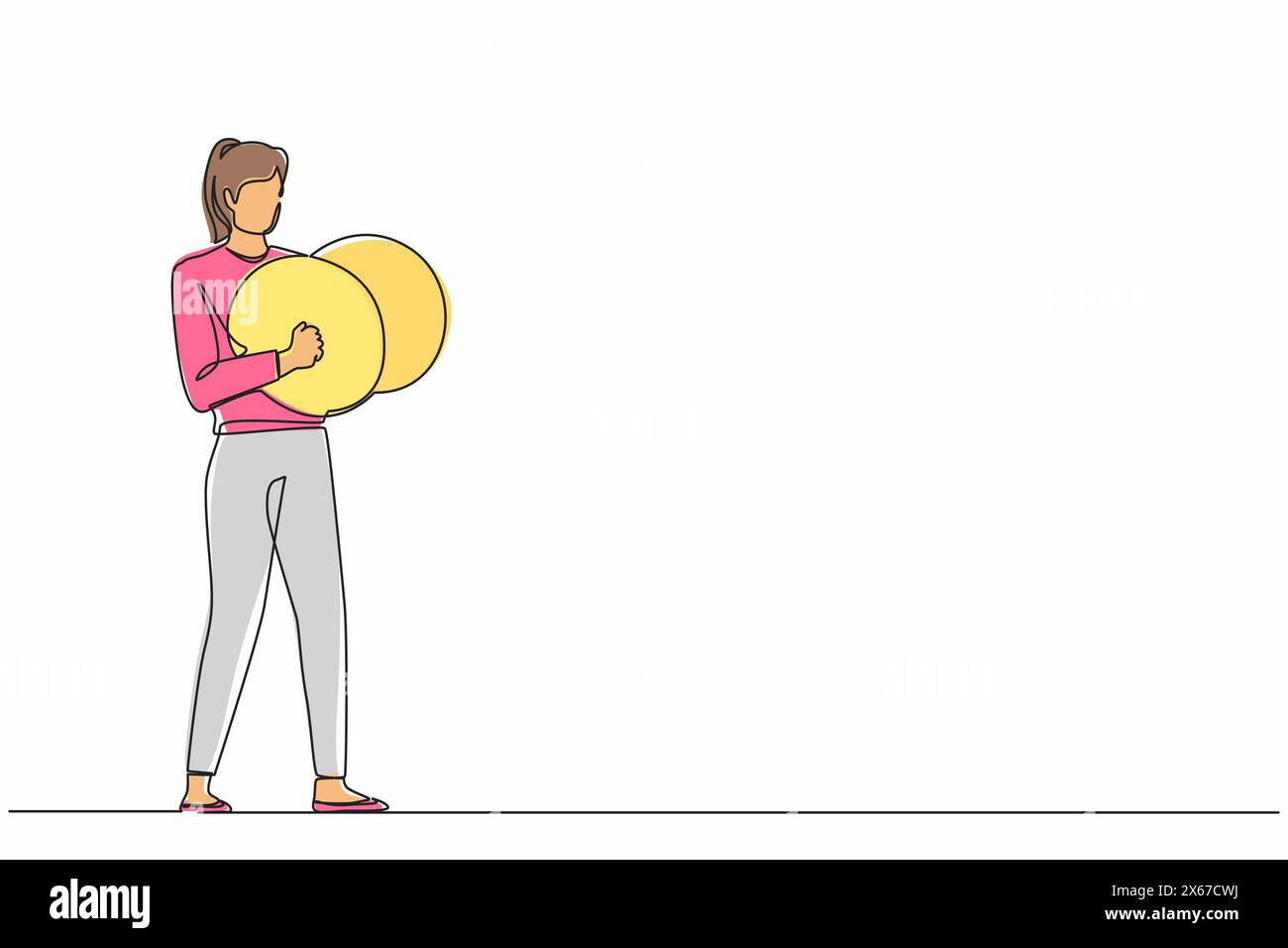 Linea singola continua che disegna una musicista che suona piatti. Artista donna che suona musica classica con strumenti musicali a percussione. Persona per Illustrazione Vettoriale