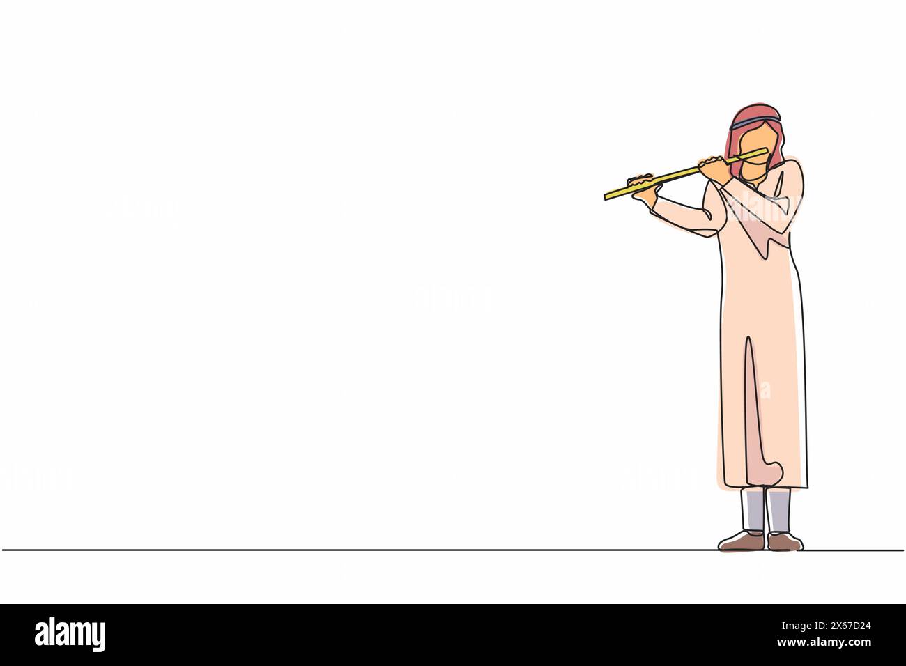 Linea singola continua che disegna un musicista arabo che suona il flauto, in piedi sul palco. Flautista che esegue musica classica su strumenti a fiato. Solo perfor Illustrazione Vettoriale
