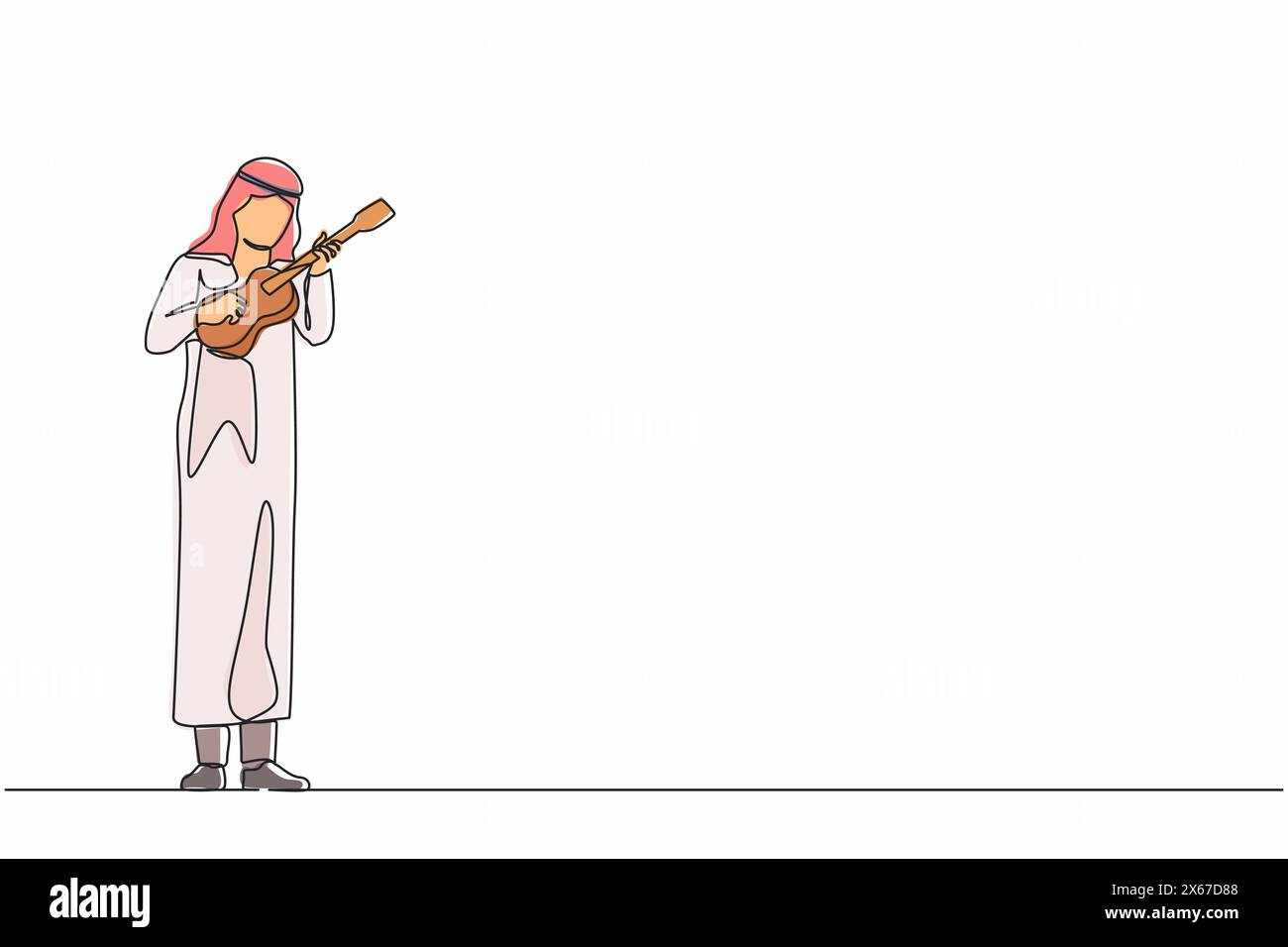 Una sola linea che disegna un arabo che gioca sull'ukulele e canta divertendosi. Musicista maschile che tiene una piccola chitarra e canta. L'uomo suona sull'instru musicale Illustrazione Vettoriale