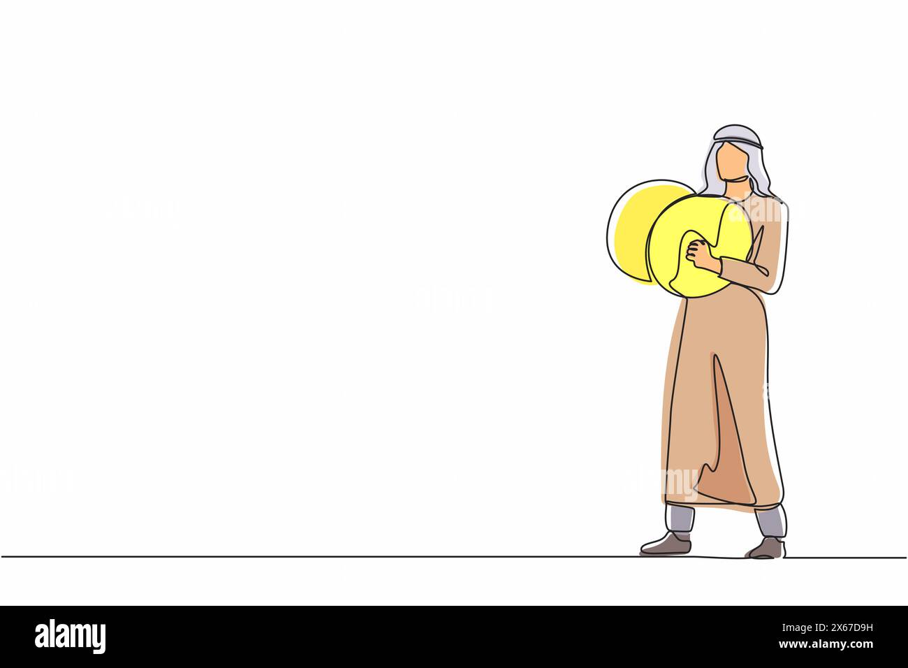 Linea singola continua che disegna un musicista arabo che suona piatti. Uomo esecutore che suona musica classica con strumenti musicali a percussione. Persona Illustrazione Vettoriale