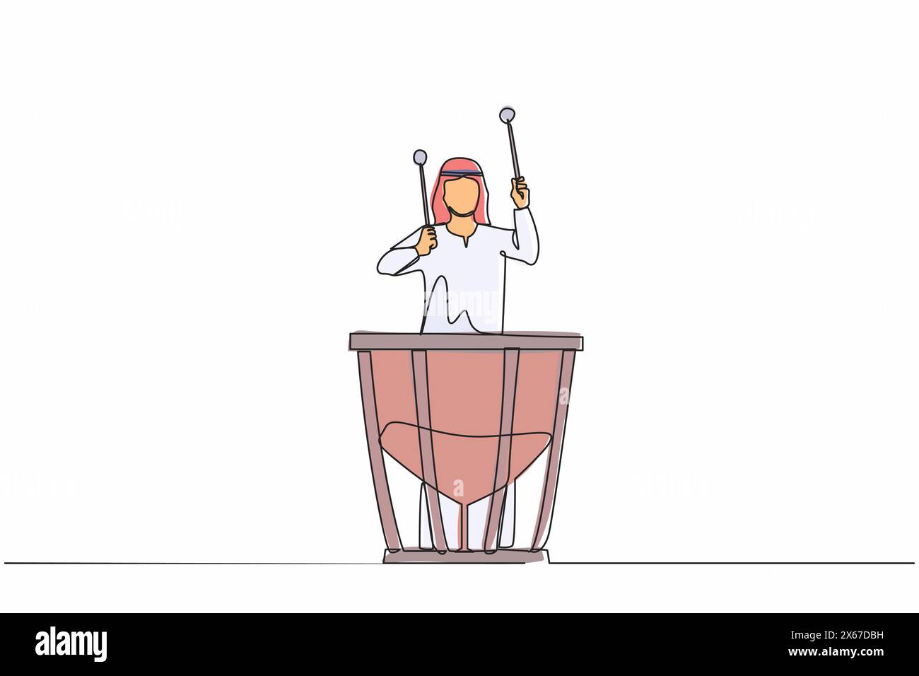 Una linea continua che disegna il percussionista arabo maschile suona sui timpani. Uomo esecutore che tiene il bastone e suona strumento musicale. Strumento musicale Illustrazione Vettoriale