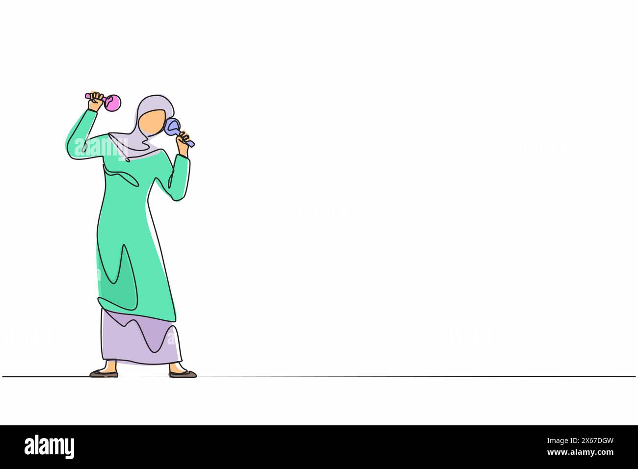 Linea singola continua che disegna una donna araba suonatrice di Street band mariachi suona maracas. Esecutore femminile con maracas strumenti musicali, mariachi PL Illustrazione Vettoriale