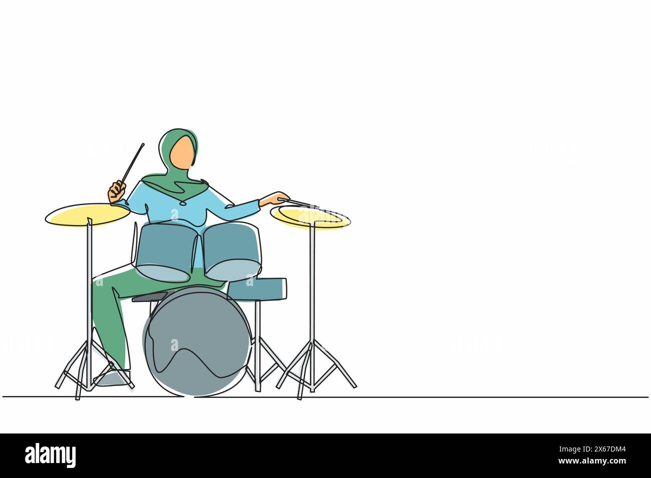 Singola linea che disegna una musicista araba, jazz, rock and roll suonando strumenti a batteria e percussioni. Festival musicale, concerto pop, festa di nozze Illustrazione Vettoriale
