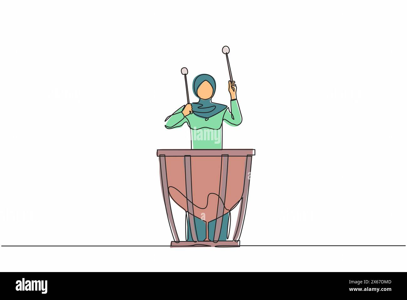 Linea singola continua disegnando una percussionista araba femminile suona su timpani. Artista donna che tiene il bastone e suona strumento musicale. Musical in Illustrazione Vettoriale