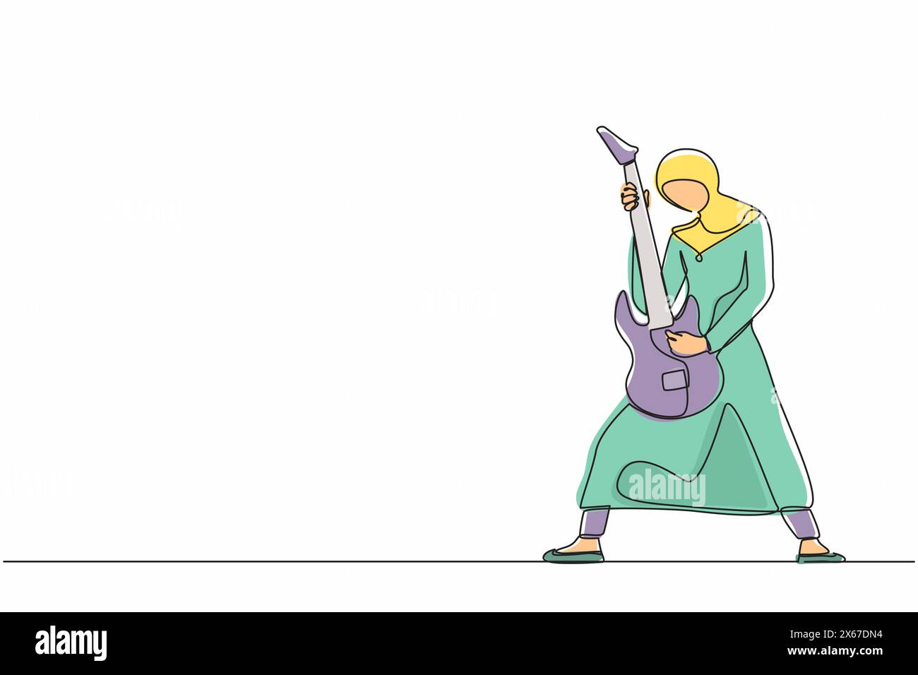 Linea singola continua disegnando una musicista araba che suona la chitarra elettrica. Donna che si pratica a suonare la chitarra. Il chitarrista suona musica in Illustrazione Vettoriale