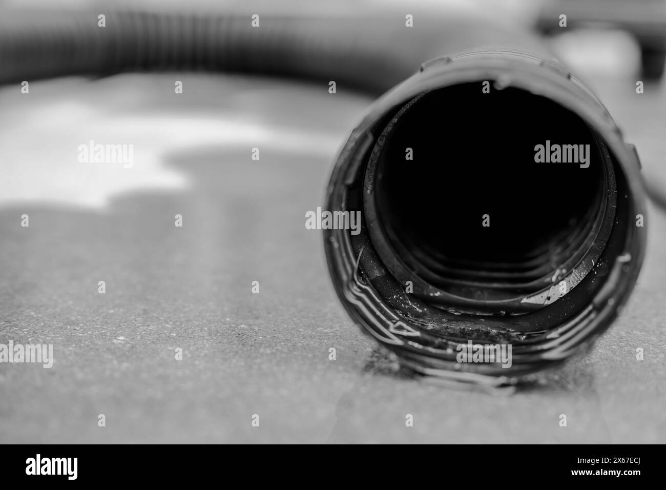 Attenzione selettiva all'apertura anteriore di una pompa di estrazione residenziale che scarica l'acqua dall'estremità di un flessibile flessibile nero Foto Stock