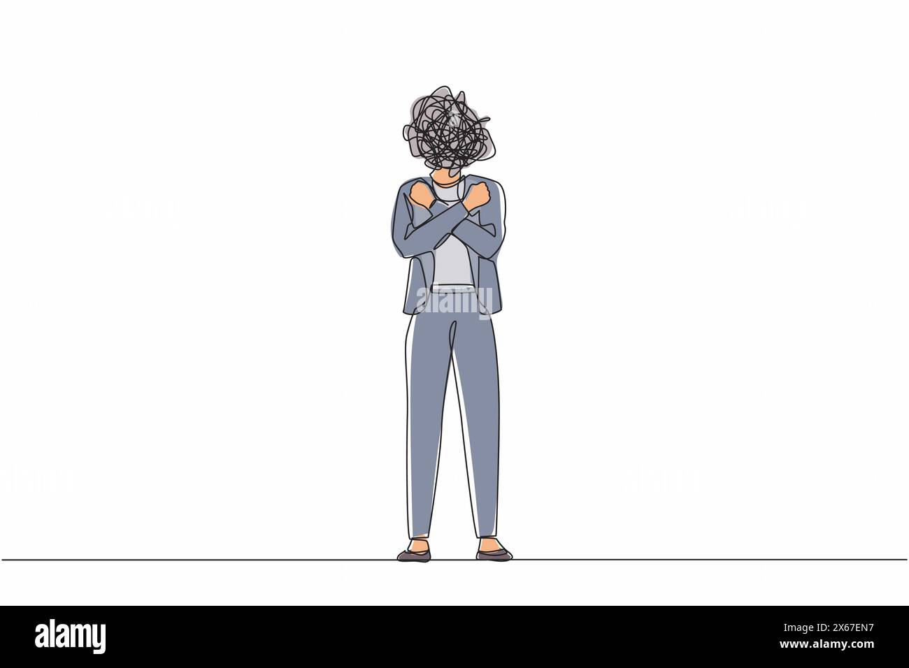 Una linea continua che disegna una donna d'affari con scarabocchi rotondi al posto della testa. Manager donna con pugni stretti e braccia incrociate, sentendosi felice e.. Illustrazione Vettoriale