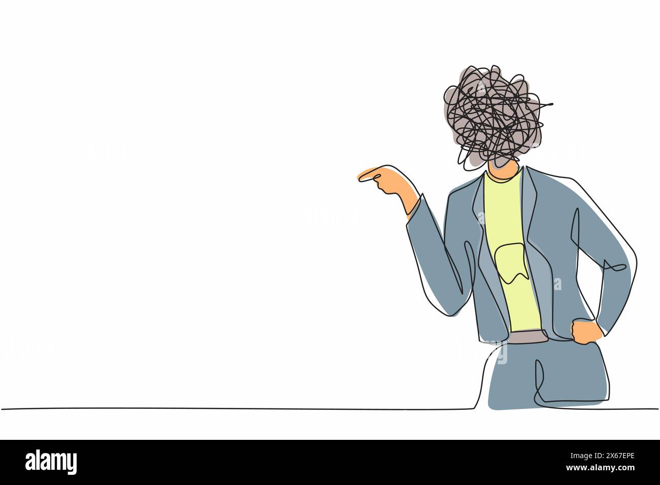 Linea singola continua che disegna una donna d'affari con scarabocchi rotondi al posto della testa. Lavoratore arrabbiato che litiga, in conflitto. Litigare combattere una persona aggressiva. Illustrazione Vettoriale