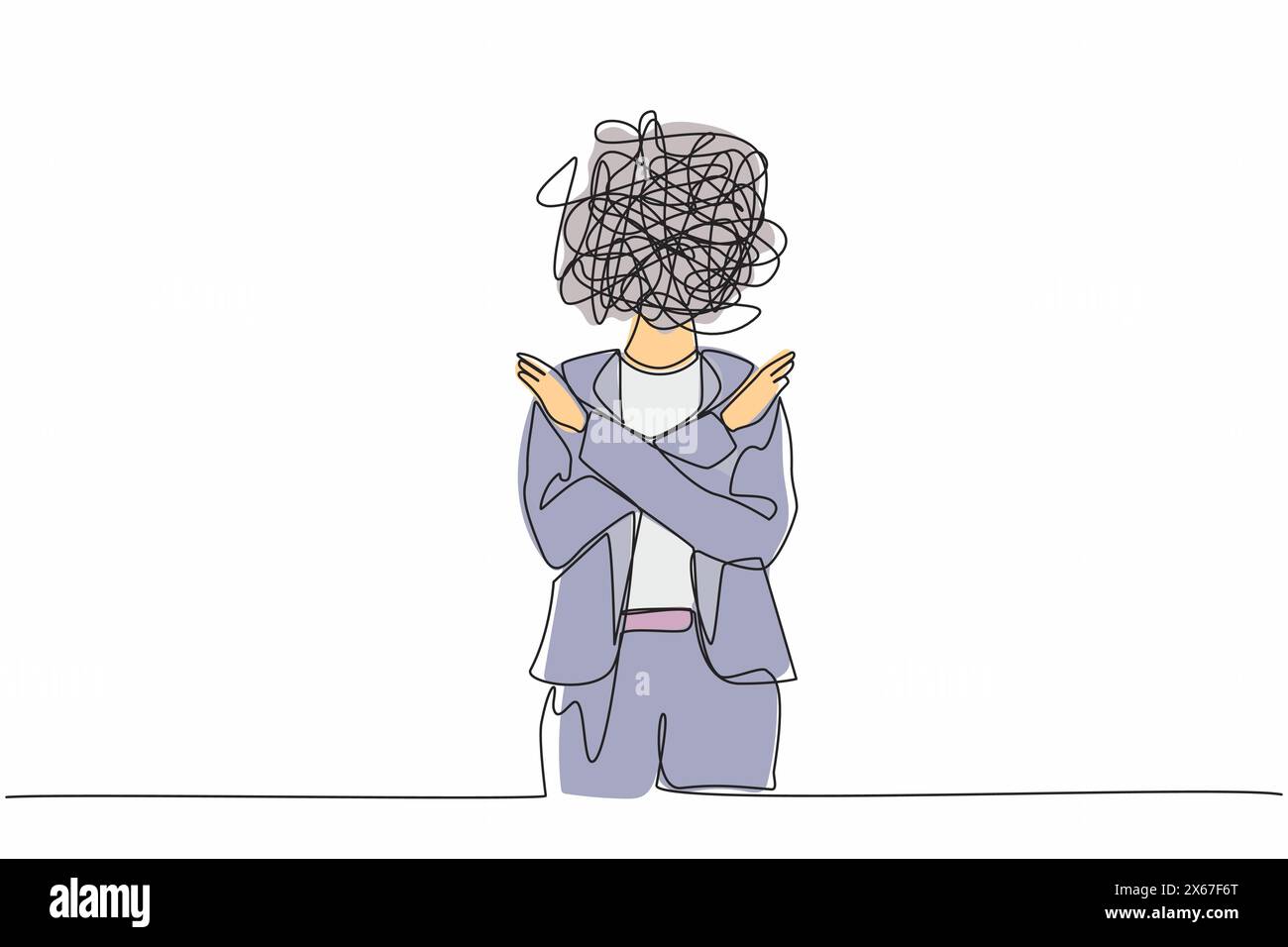 Linea singola continua che disegna una donna d'affari con scarabocchi rotondi invece di una testa. Lavoratore in ufficio, senza segni o simboli x, passando le mani, r Illustrazione Vettoriale