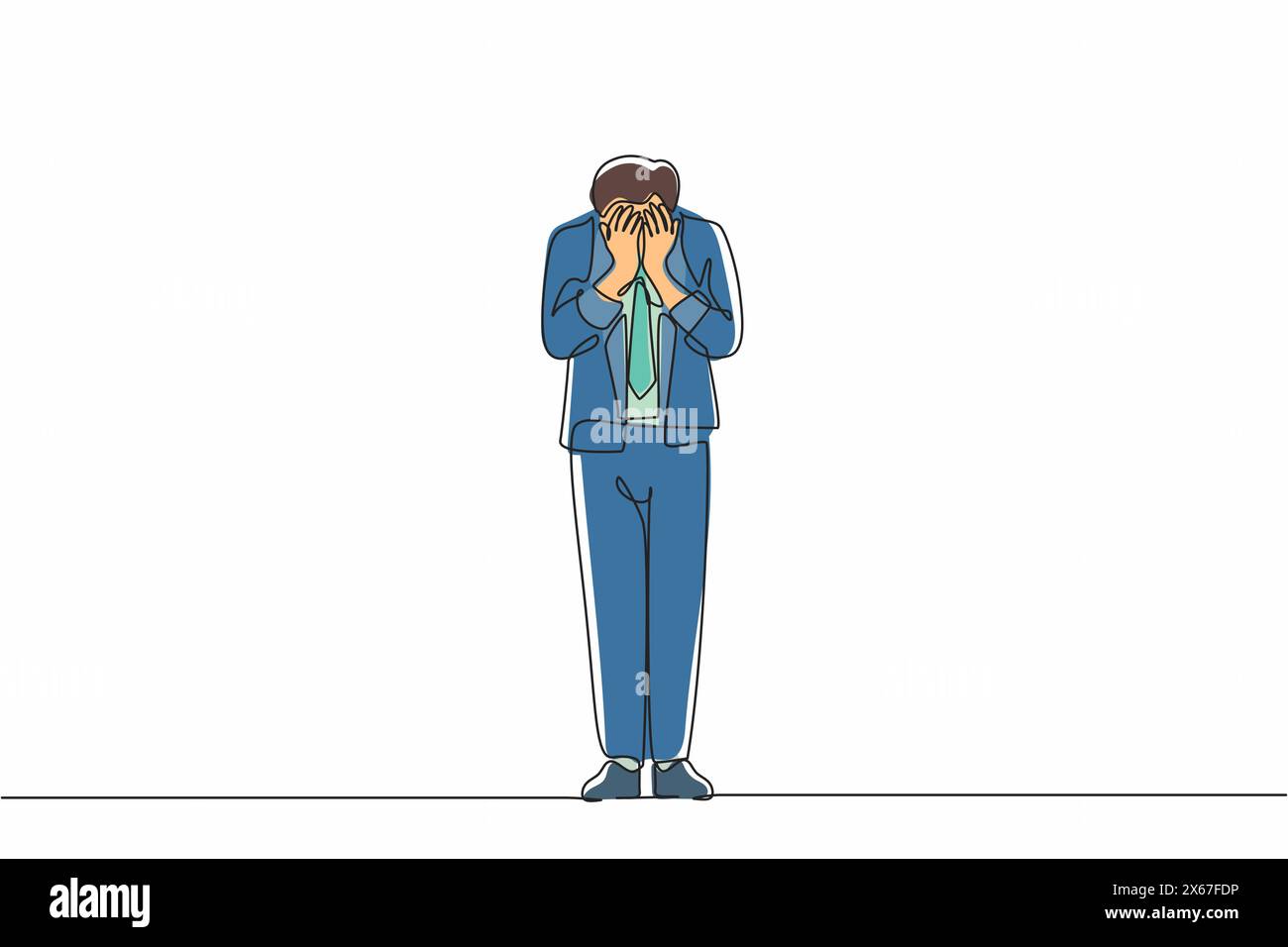 Un uomo d'affari che disegna continuamente una linea copre il suo viso con le mani e piange. Disturbo da depressione, triste, dolore, delusione. Terapia psicologica AN Illustrazione Vettoriale