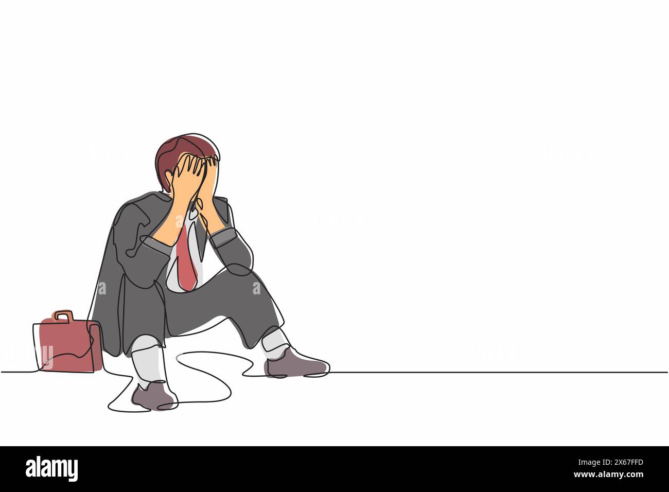Una linea continua che disegna un uomo d'affari triste coprirsi il viso con le mani e sedersi sul pavimento. Disturbo da depressione, triste, dolore, delusione simp Illustrazione Vettoriale